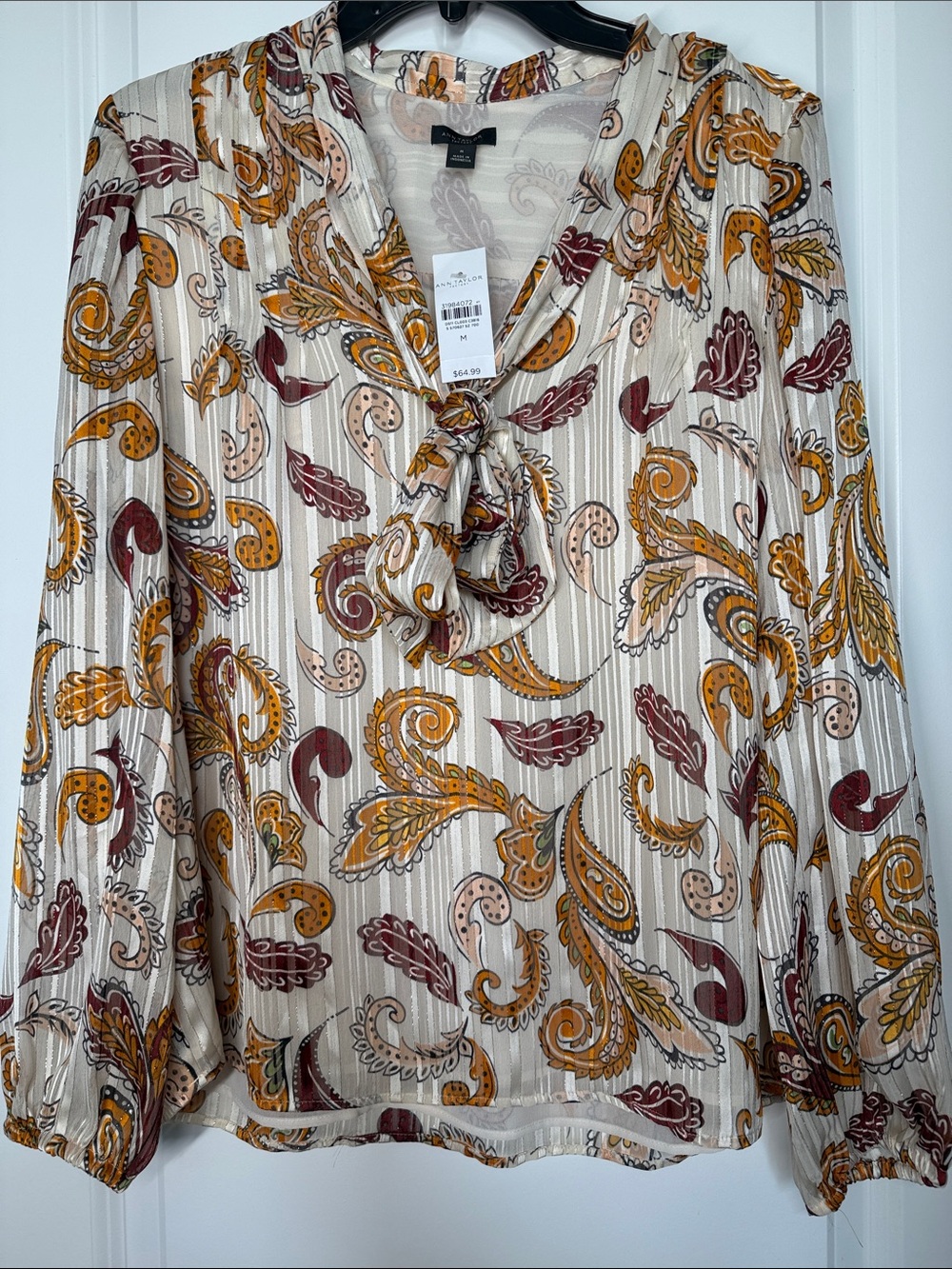 Ann Taylor Factory Cream Paisley Tie-Neck Blouse with Mustard & Brown Accents